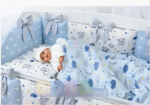 Комплект постельного белья ASIK Спящие слоники на облаках, голубой: 7 элементов